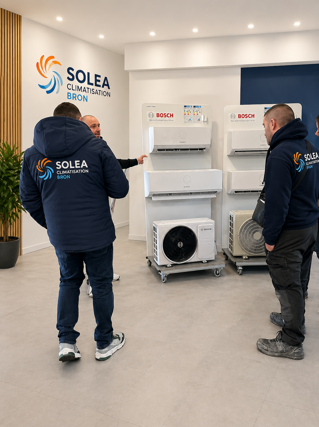 Équipe Solea Climatisation devant l'agence du 27 avenue Pierre Brossolette à Bron